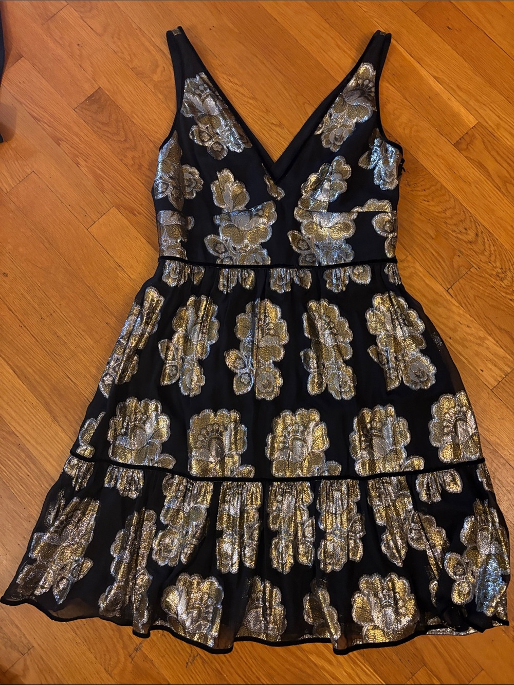 J crew collection Black Dress with Metallic Gold Floral Accents